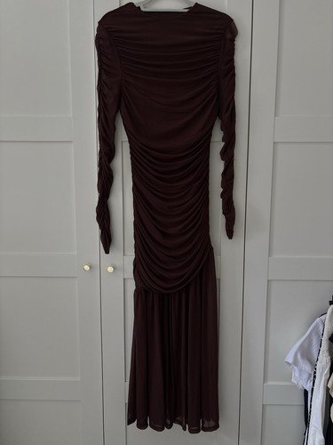 Brown fitted rushed - long, dress